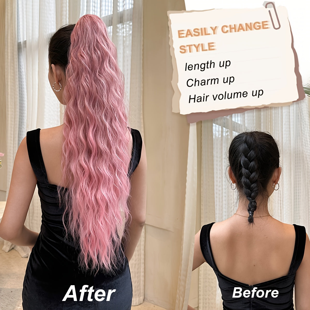 Claw shaped ponytail extension pink 71.12 cm water wave heat-resistant fiber synthetic ponytail wig, suitable for short hair accessories for Women's daily use