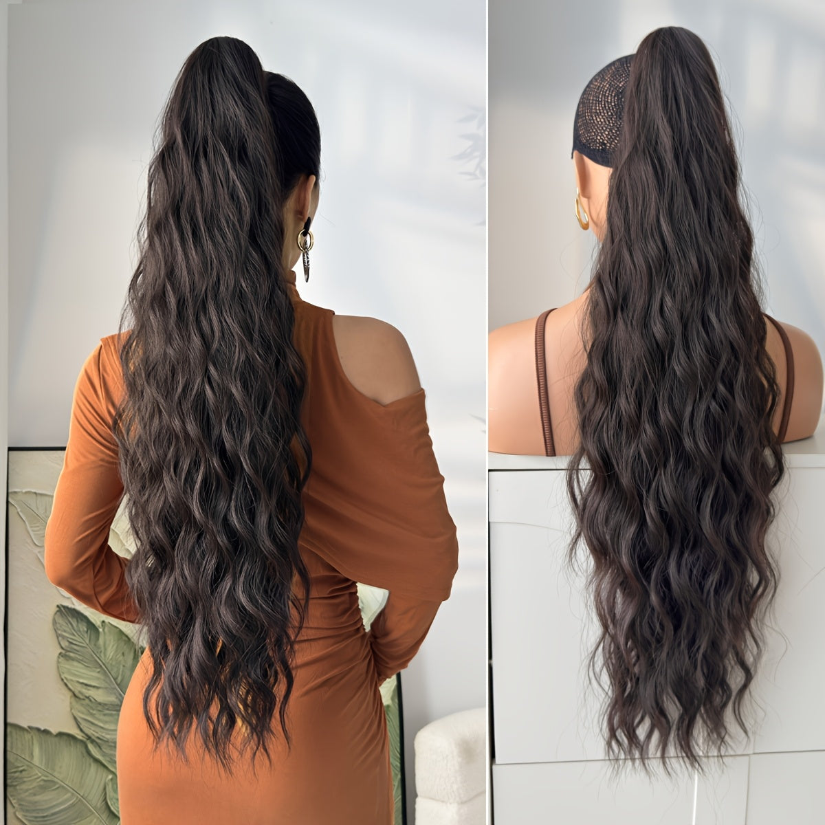 YUSULAXI 28" Ombre Claw Clip Ponytail Extension - Water Wave Synthetic Hairpiece in Light Brown, Heat-Resistant Fiber for Women with Short Hair, Daily Use Accessory, Ponytail Hair Extensions, Versatile Hairpiece, Secure Claw Attachment