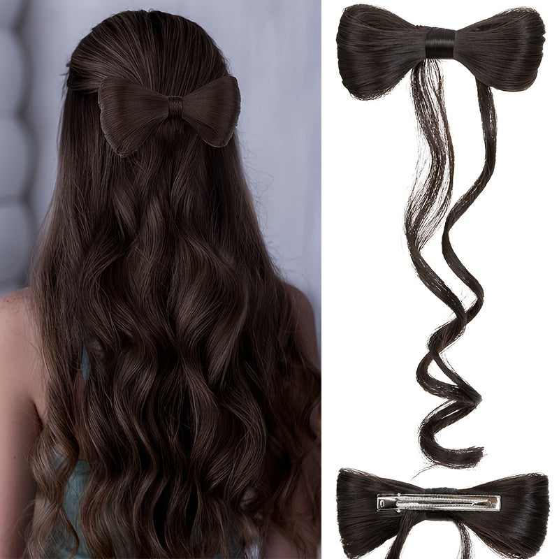 Elegant Bowknot Hairpiece with 35.56cm Natural Curly Synthetic Ponytail - Dark Brown & Blonde Highlights, Decorative Clip Barrette for Women and Girls - Versatile and Stylish Hair Accessory, Hair Accessories