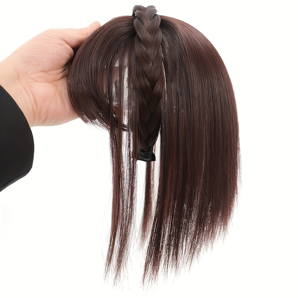 Chic Braided Headband with Clip-In Hair Topper & Bangs - Natural Look Synthetic Straight Hair Extensions for Women, Perfect for Casual Attire, Hair Accessories