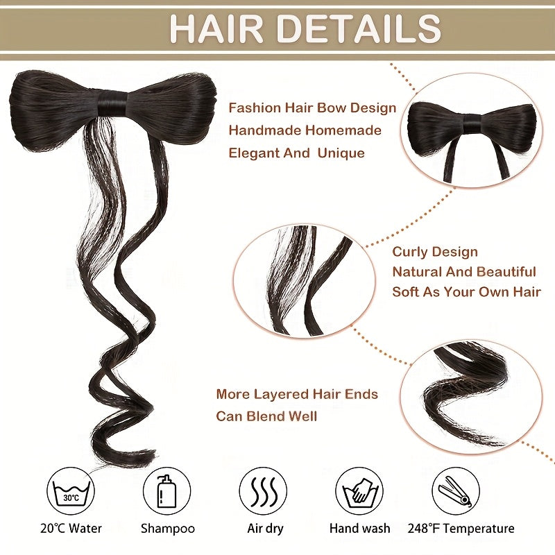 Elegant Bowknot Hairpiece with 35.56cm Natural Curly Synthetic Ponytail - Dark Brown & Blonde Highlights, Decorative Clip Barrette for Women and Girls - Versatile and Stylish Hair Accessory, Hair Accessories