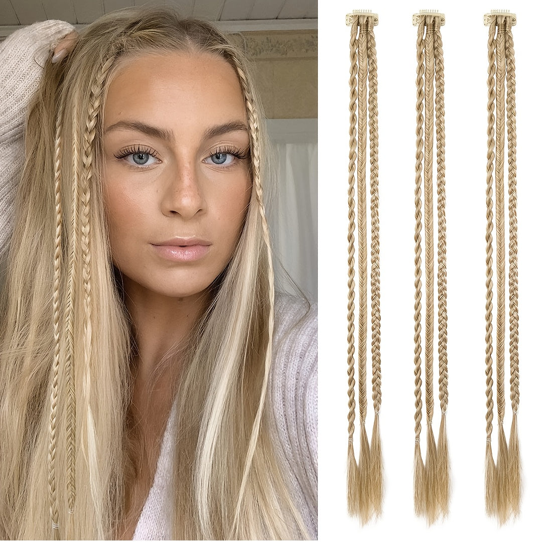 Braid Hair Extensions, 3pcs Clip in Hair Extensions Baby Braids, 3 Braids on One Clip 6 Braids Total, 22" Long Natural Soft Synthetic Hairpieces for Women