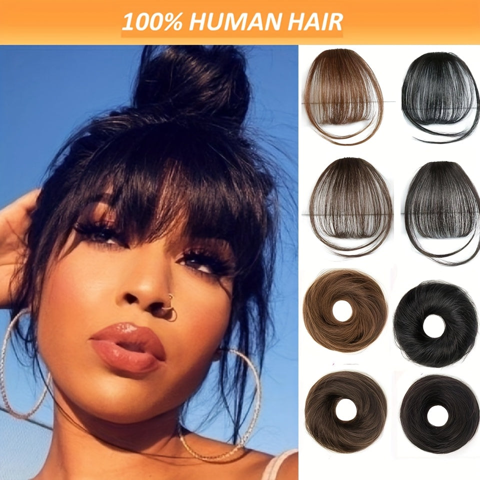 Fringe Air Bangs 1 with Sideburns+1 Messy Hair Bun, Hair Clip In Hair Extensions- All- Handmade Textile Process Heat Resistant Hairpieces for Women/ Girls, Upgrade Your Look Instantly