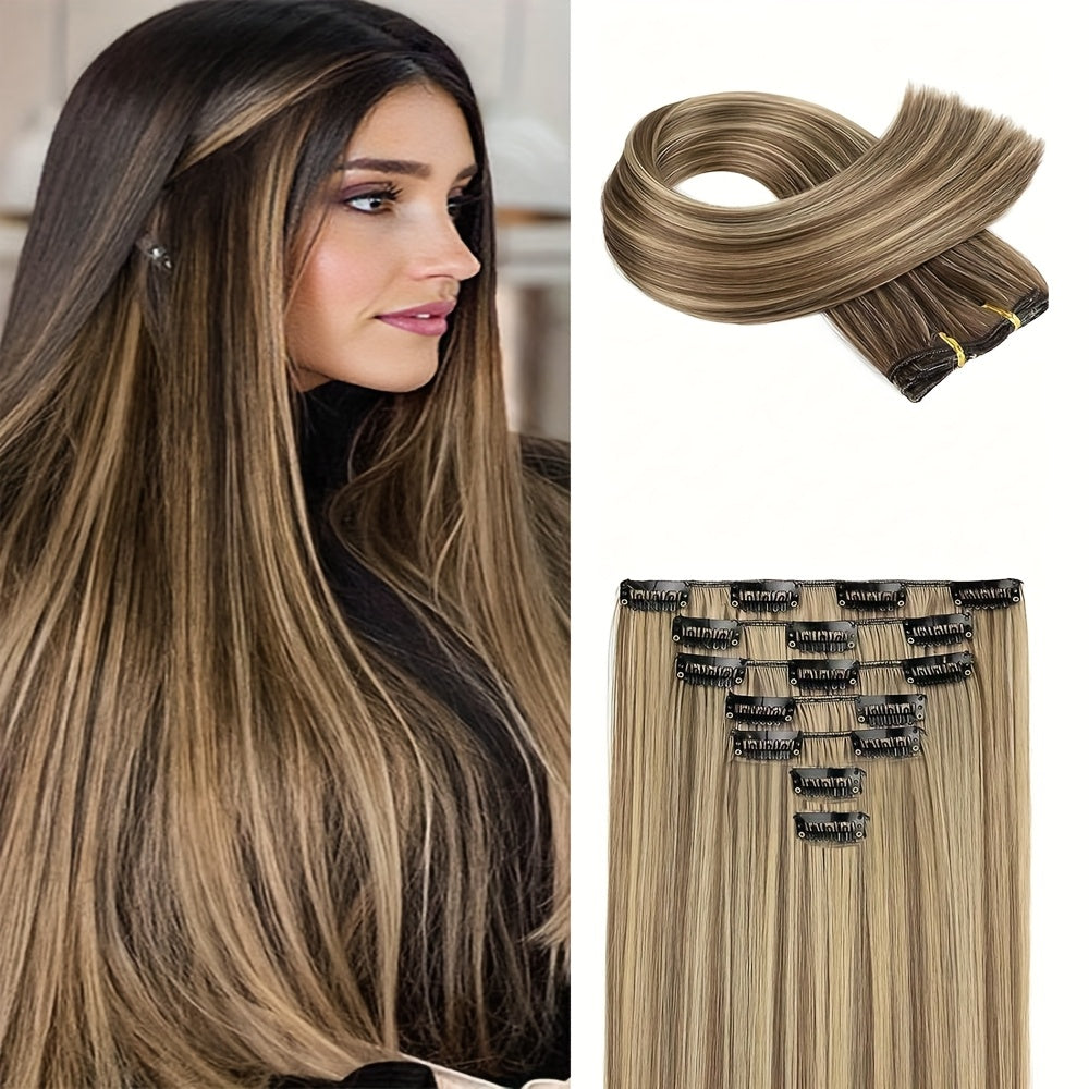 Clip In Hair Extensions 16 Clips 55.88 cm Set Ombre Long Straight Hair Extension for Women Synthetic Hair Extensions Hairpieces