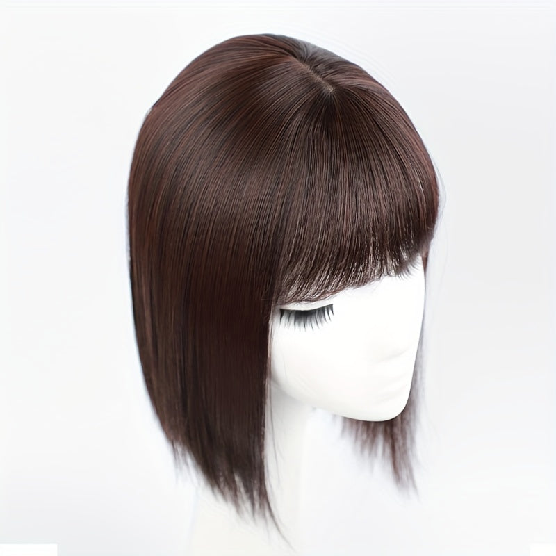 14-Inch Synthetic Hair Topper for Women with Bangs - Clip-In Straight Hairpiece for Thinning Hair, Large Base Wiglet, Black with Highlights, Versatile Style for All Ethnicities, Hair Accessories