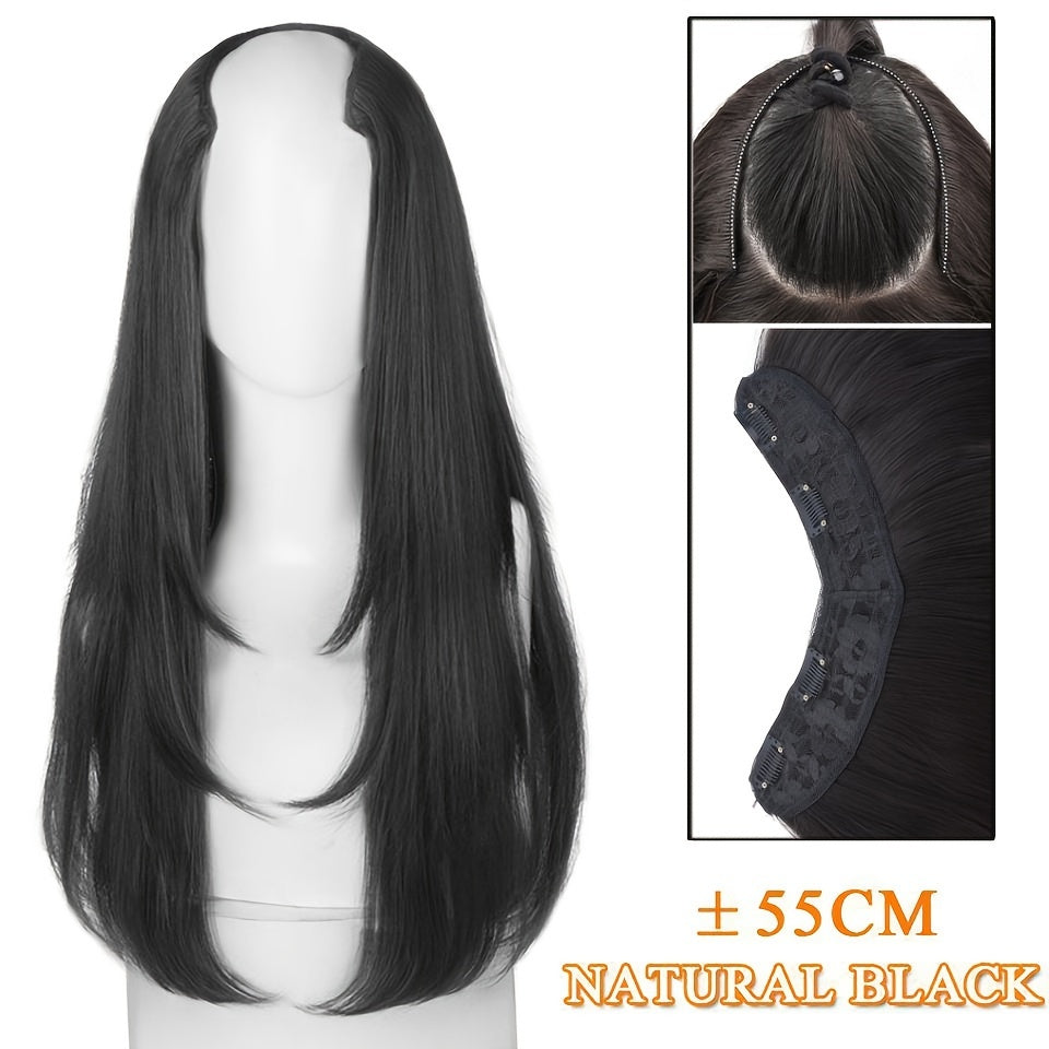 Long Fluffy V-Shaped Synthetic Hair Extension for Women - Layered Wig with Clips Increases Volume & Adds Fullness