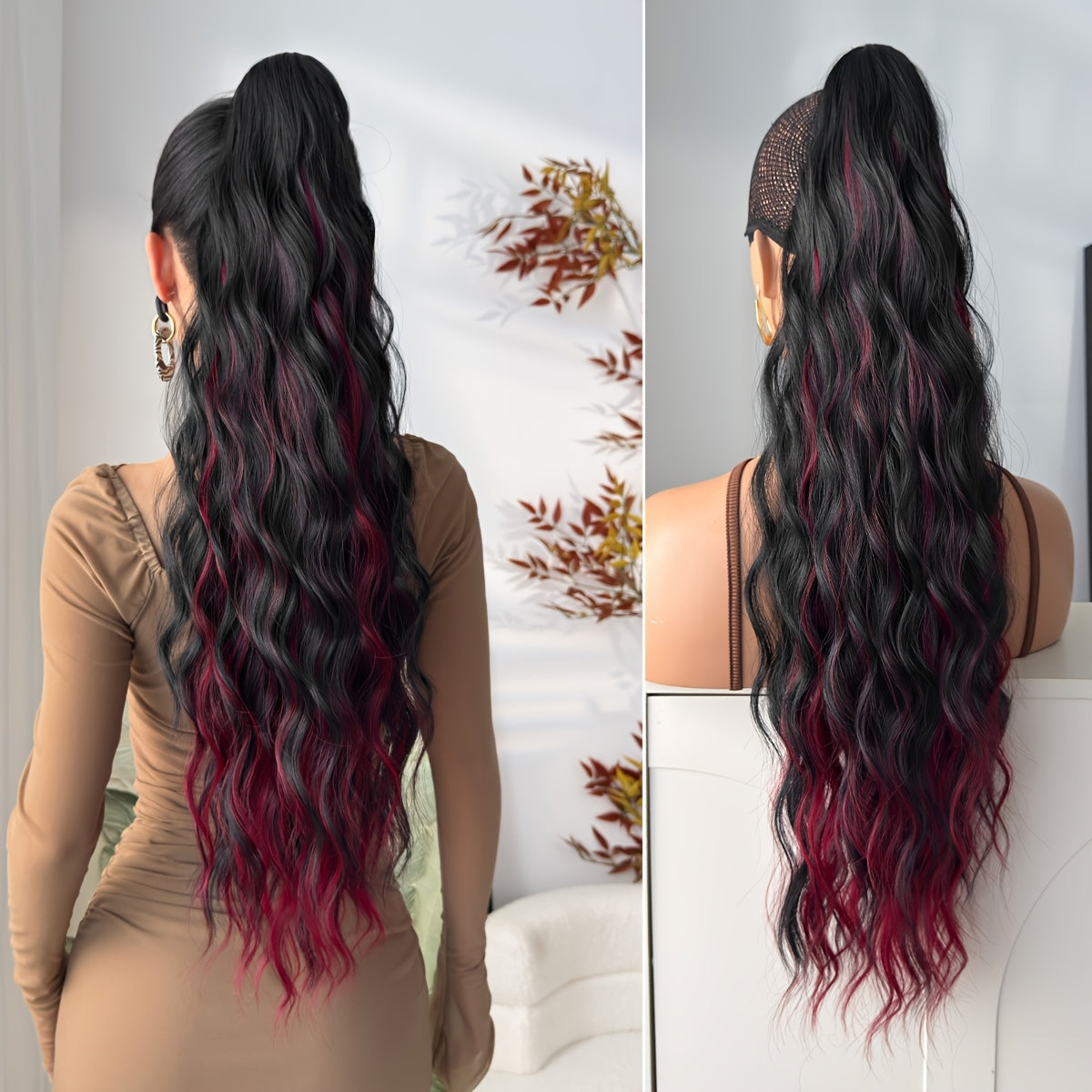YUSULAXI 28" Ombre Claw Clip Ponytail Extension - Water Wave Synthetic Hairpiece in Light Brown, Heat-Resistant Fiber for Women with Short Hair, Daily Use Accessory, Ponytail Hair Extensions, Versatile Hairpiece, Secure Claw Attachment