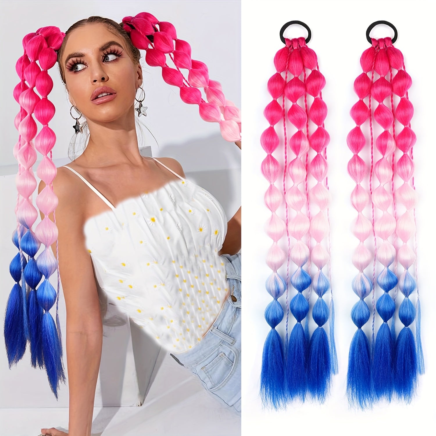 2pcs Vibrant Ombré Ponytail Extensions - 60.96 cm Lightweight, Colorful Braided Hair Accessories for Women, Perfect for Parties, Festivals, and Rave Events, Festival Hair Accessory | Vibrant Hair Extensions | Lightweight Extensions, Hair Accessories