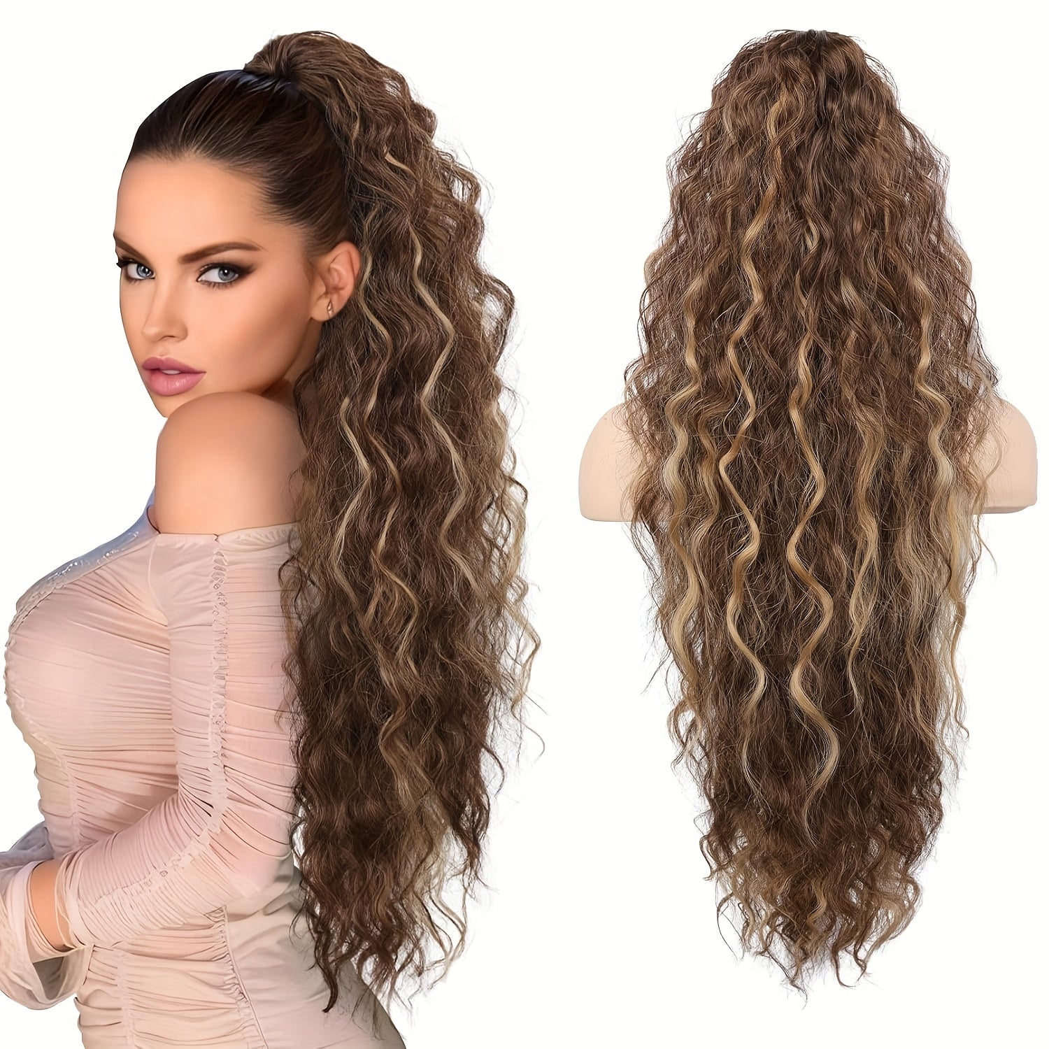 71.12 cm Lightweight Curly Wave Clip-In Hair Extension - Multi-Layered Synthetic Hair for Voluminous Ponytails, Chocolate Brown, Unisex & All Ethnicities, Ponytail Hair Extensions, Versatile Hairpiece, Multilayered Texture, Easy Application Hairpiece