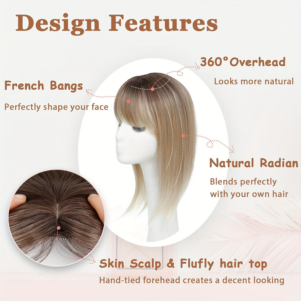 Elegant Clip-In Bangs for Women, 360° Coverage Blonde Hair Extensions with Dark Roots, French Style Straight Hair Bangs for Daily Wear, Hairpieces