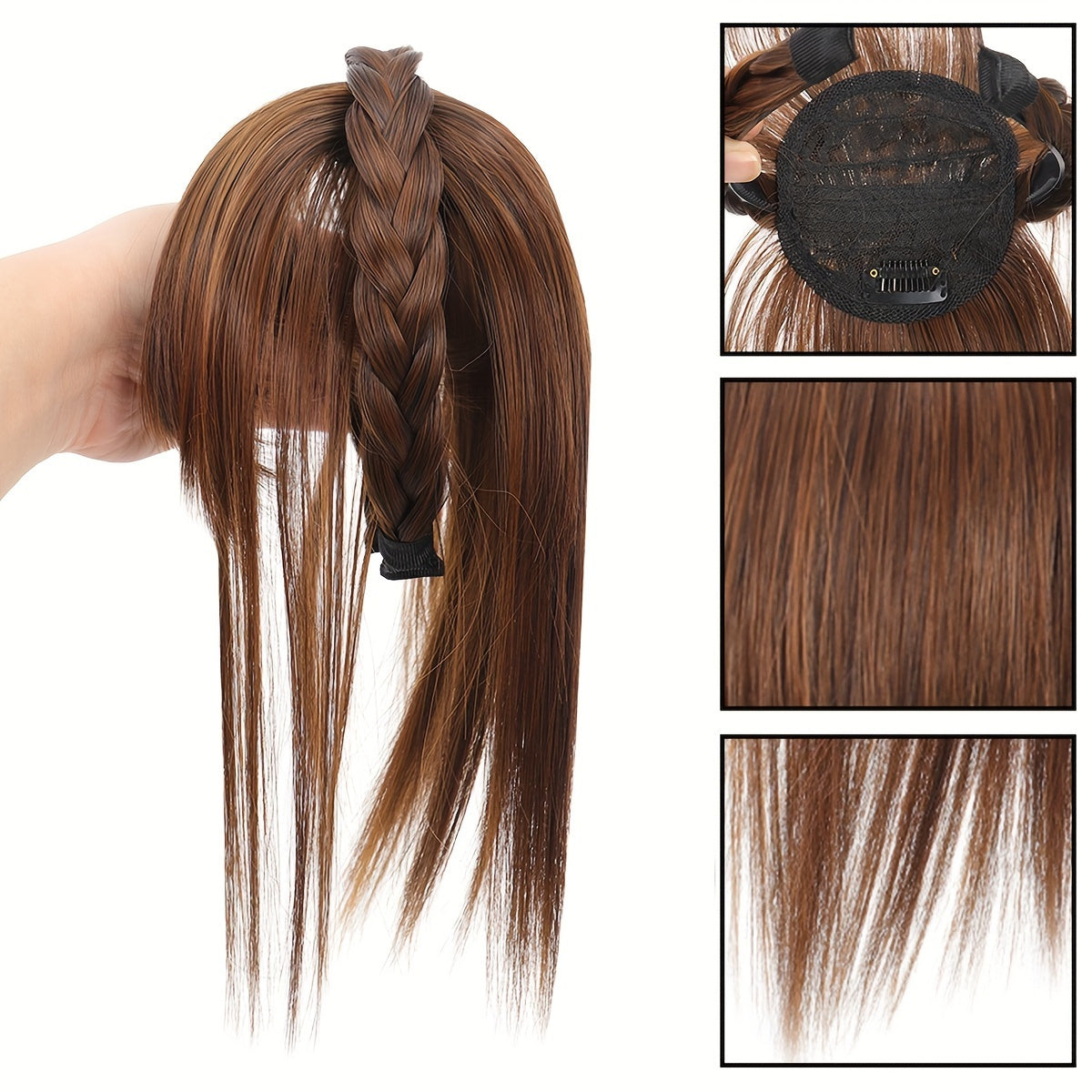 Chic Braided Headband with Clip-In Hair Topper & Bangs - Natural Look Synthetic Straight Hair Extensions for Women, Perfect for Casual Attire, Hair Accessories