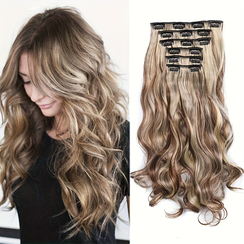 6pcs Multi-Color Clip-In Body Wave Hair Extensions, 18" Double Weft Synthetic Heat Resistant Curly Waves for Women and Girls