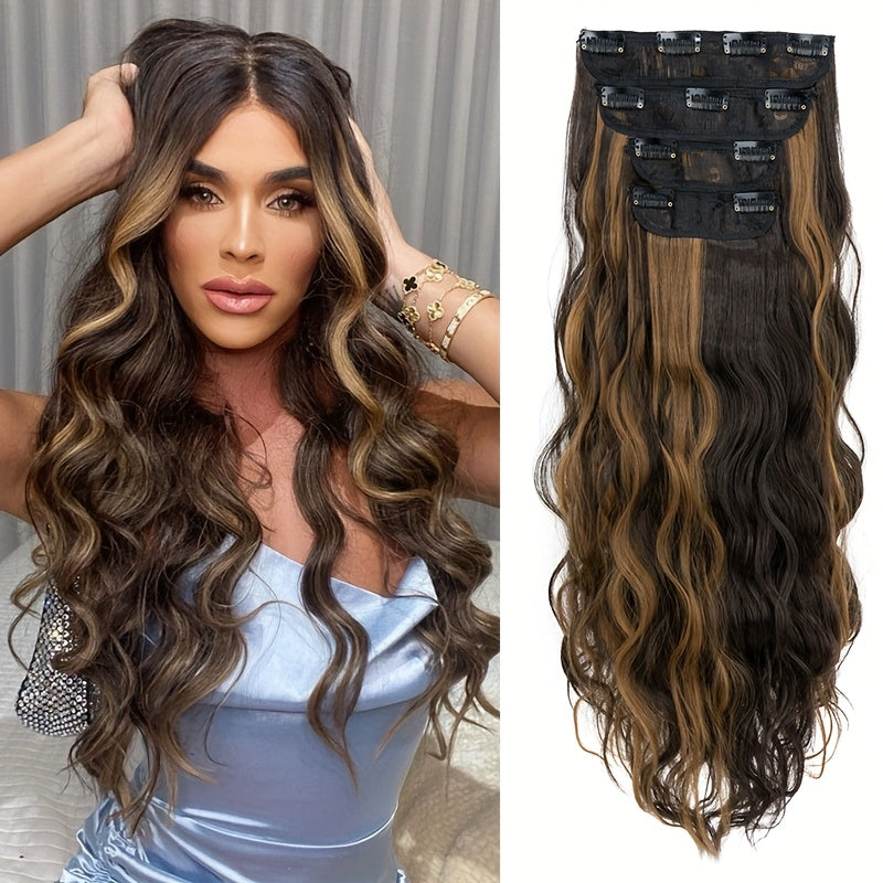 60.96 cm Clip In Hair Extensions 4pcs Long Curly Wavy Thick Highlighted Clip In Hairpieces Synthetic Hair Extension For Women Daily Halloween Use, Dark Ash Blonde Mixed Bleach Blonde, Black Balayage