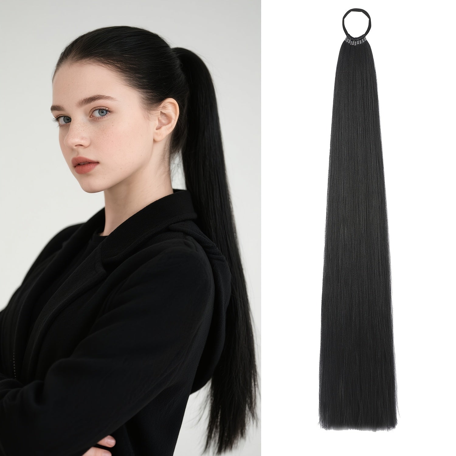 LEHAN 86.36cm Straight Synthetic Ponytail Extension for Women - Easy-to-Use, Durable High-Temperature Fiber Hairpiece for Everyday Style, Black, Ponytail Hair Extensions, Versatile Hairpiece, Natural Look Hairpiece, Synthetic Hair Fiber