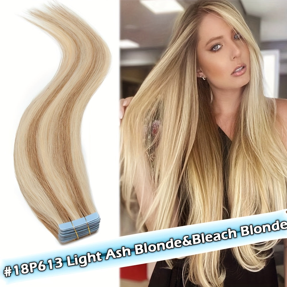 10pcs/1 Pack Straight Real Human Hair Tape In Extensions Straight Smooth Hair Extensions 40.64cm-60.96cm Natural Popular Blonde Color Human Hair Extneisons For Women, Versatile Use For Ewedding, Party, Brithday, Fesitival To Add Volumn And Length.