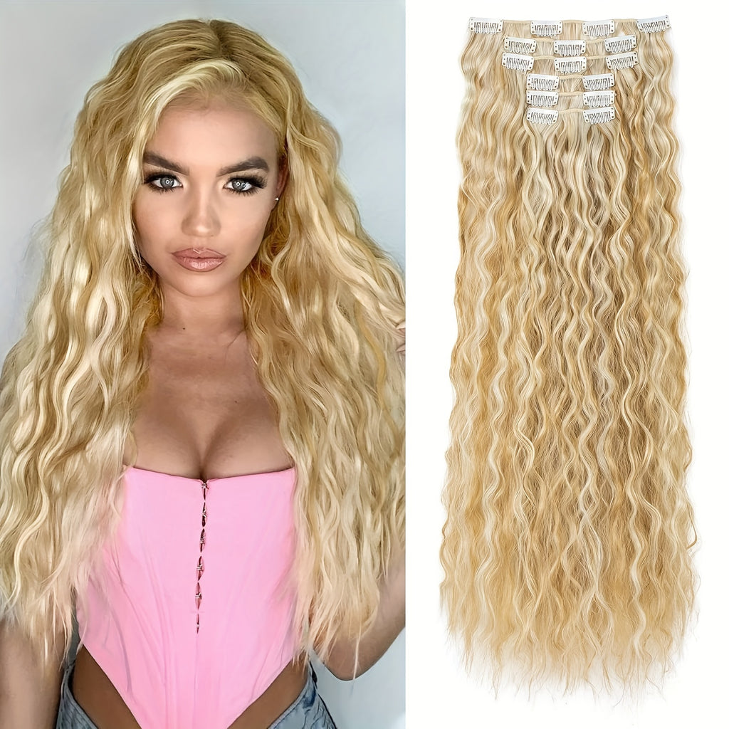 6pcs Luxurious 24-Inch Blonde Clip-In Wavy Hair Extensions for Women - Natural Soft Synthetic Fiber, Heat-Friendly, Full Head Coverage with Elegant White Diamond Accents, Ponytail Hair Extensions