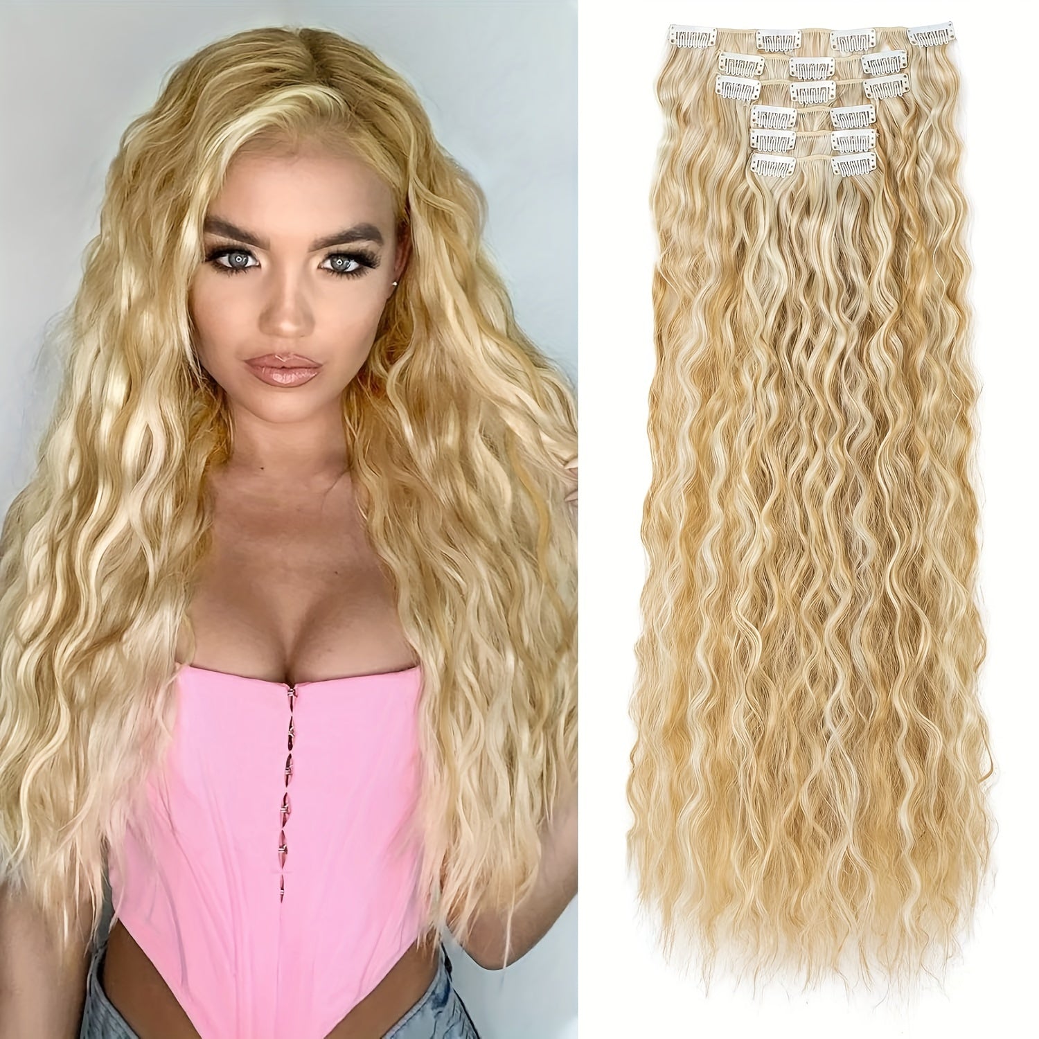 6pcs Luxurious 24-Inch Blonde Clip-In Wavy Hair Extensions for Women - Natural Soft Synthetic Fiber, Heat-Friendly, Full Head Coverage with Elegant White Diamond Accents, Ponytail Hair Extensions