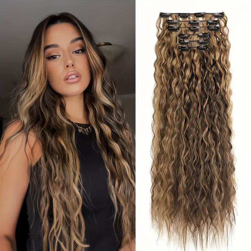 6pcs Luxurious 24-Inch Blonde Clip-In Wavy Hair Extensions for Women - Natural Soft Synthetic Fiber, Heat-Friendly, Full Head Coverage with Elegant White Diamond Accents, Ponytail Hair Extensions