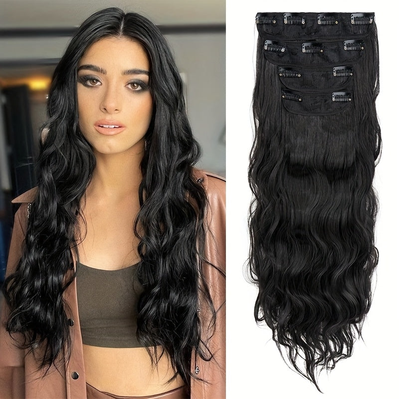 60.96 cm Clip In Hair Extensions 4pcs Long Curly Wavy Thick Highlighted Clip In Hairpieces Synthetic Hair Extension For Women Daily Halloween Use, Dark Ash Blonde Mixed Bleach Blonde, Black Balayage