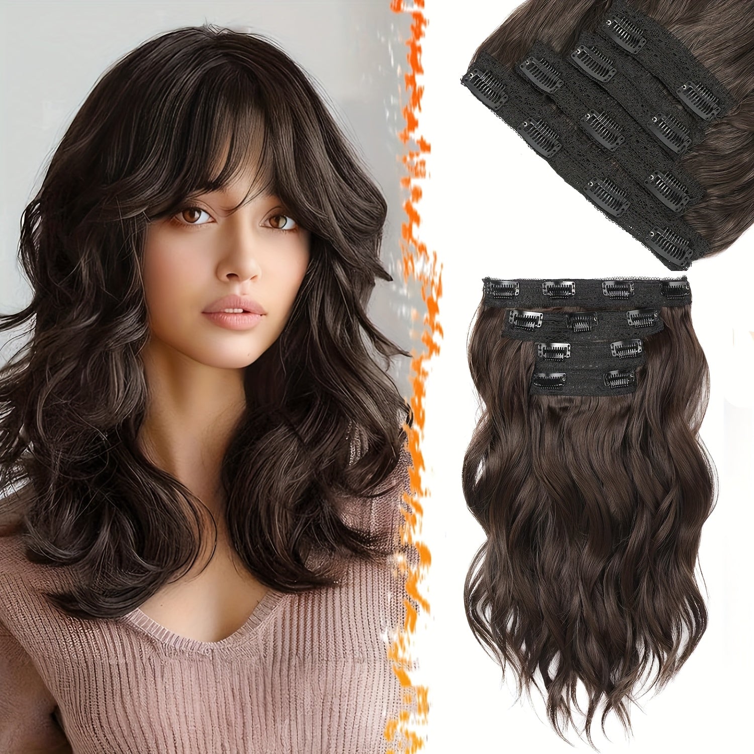 4pcs Daphine Clip In Hair Extensions for Women - Short Curly Wave with Invisible Lace Weft, Natural Soft Synthetic Hairpieces for Daily & Party Use, All Ethnicities