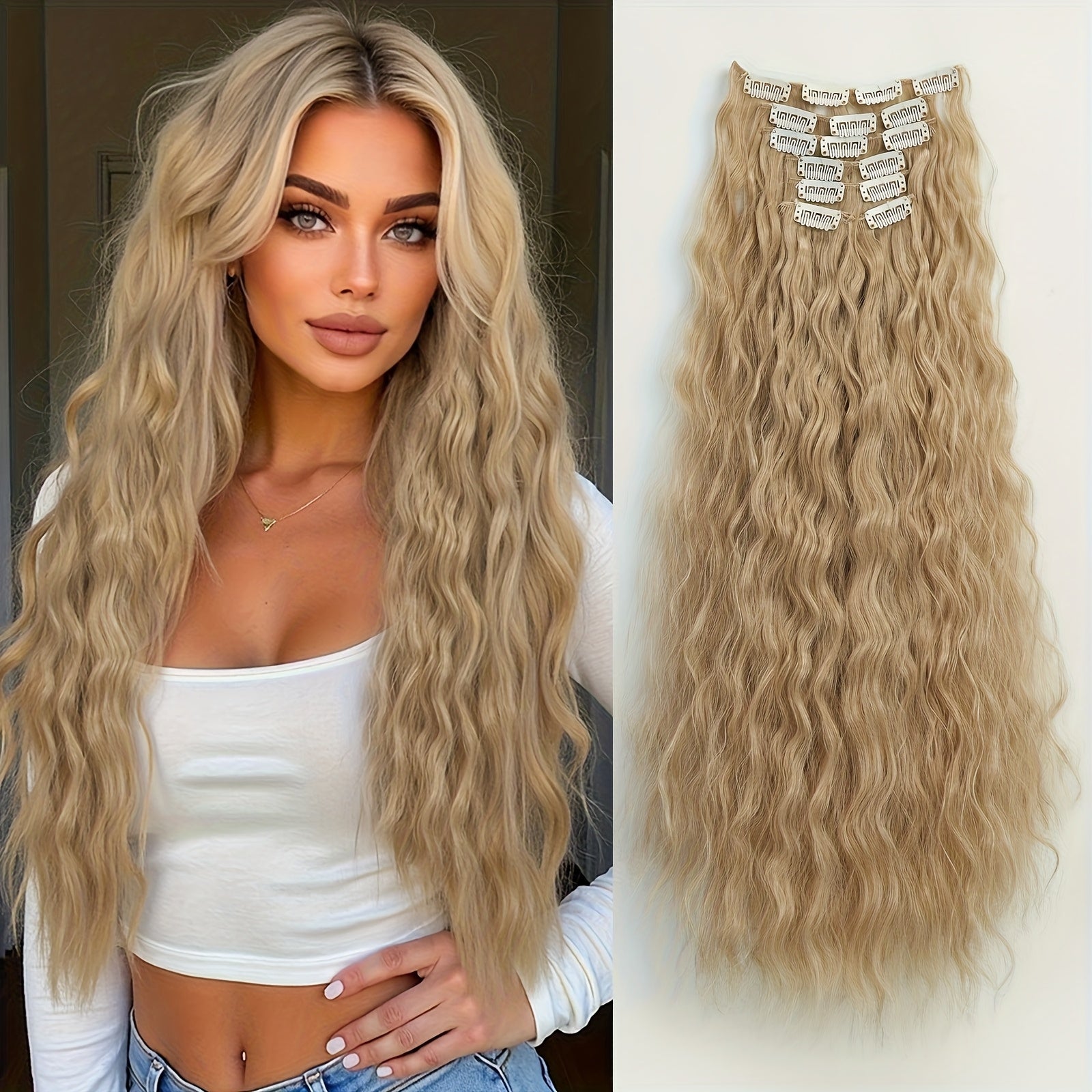 6pcs/set Wavy Long Hair Clip-in Extensions, Synthetic, Basic Style, Women's, Elegant Hair Accessories for Daily Use