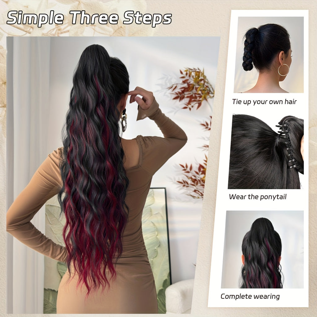 YUSULAXI 28" Ombre Claw Clip Ponytail Extension - Water Wave Synthetic Hairpiece in Light Brown, Heat-Resistant Fiber for Women with Short Hair, Daily Use Accessory, Ponytail Hair Extensions, Versatile Hairpiece, Secure Claw Attachment