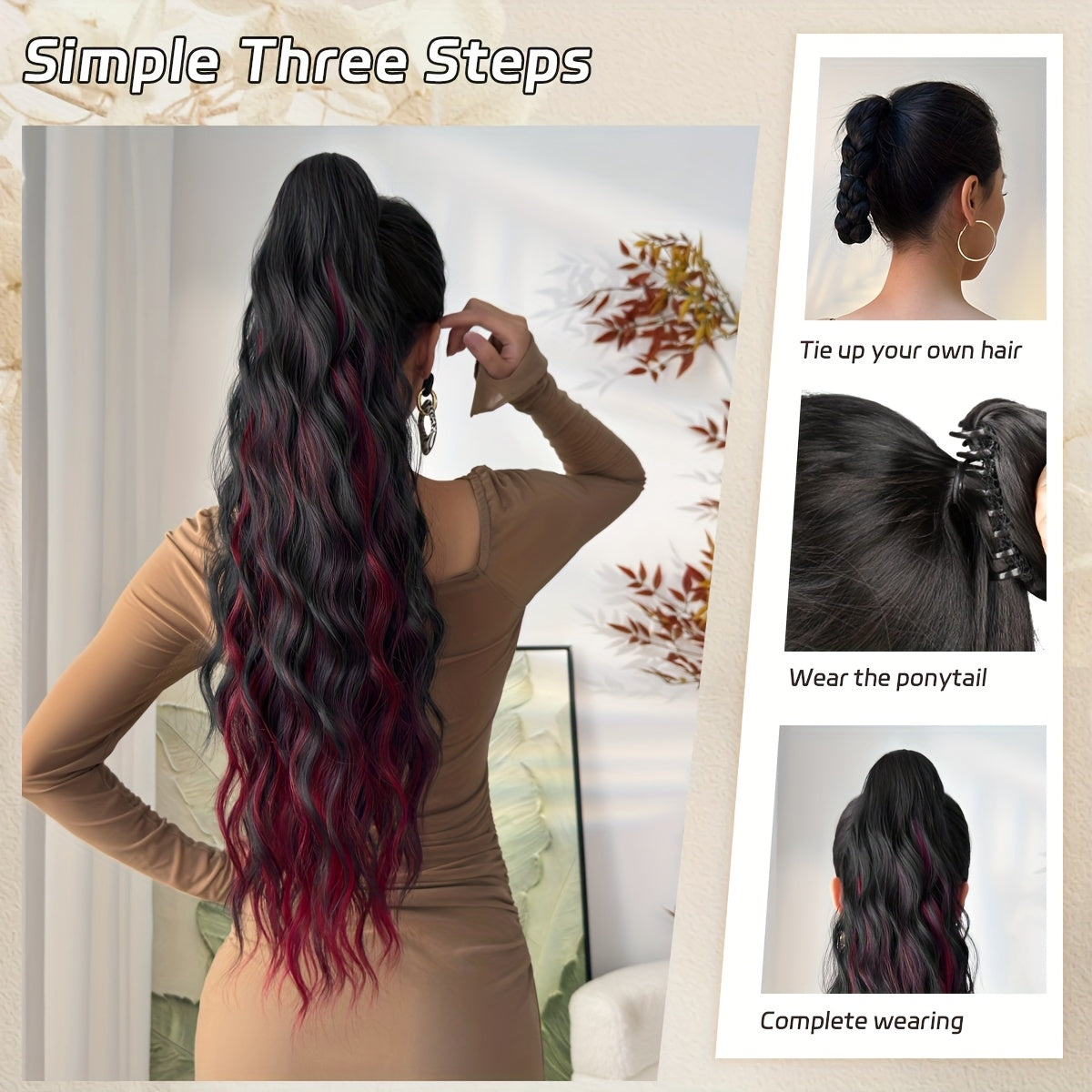 YUSULAXI 28" Ombre Claw Clip Ponytail Extension - Water Wave Synthetic Hairpiece in Light Brown, Heat-Resistant Fiber for Women with Short Hair, Daily Use Accessory, Ponytail Hair Extensions, Versatile Hairpiece, Secure Claw Attachment