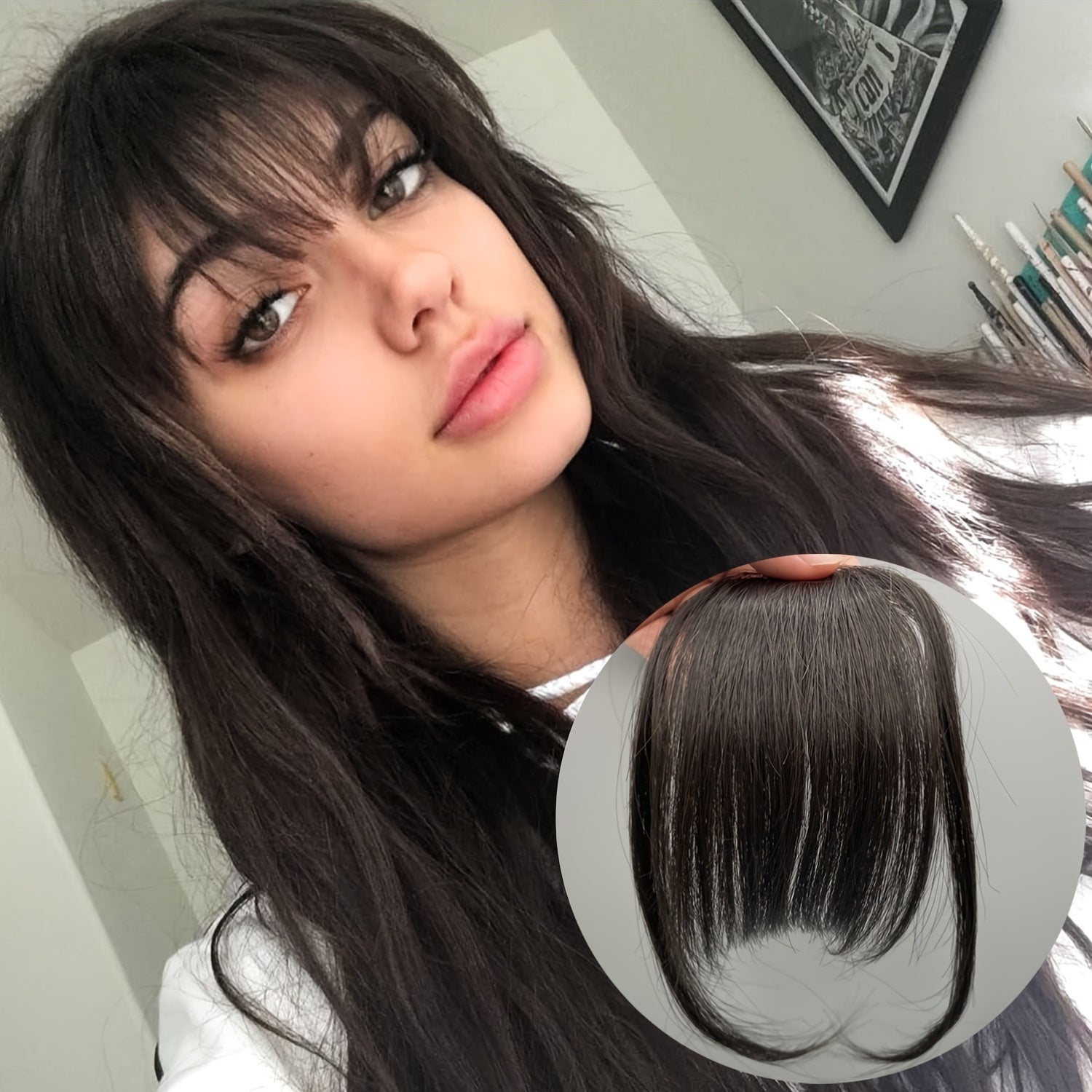 [1pc Real Human Hair Wispy Bangs] 1pc Elegant Clip-In Wispy Bangs Hairpiece for Women, Real Human Hair Straight Clip-On Air Fringe, Looking Hair Extension with Temples, for Daily Wear - Dark Brown, Mixed Blonde