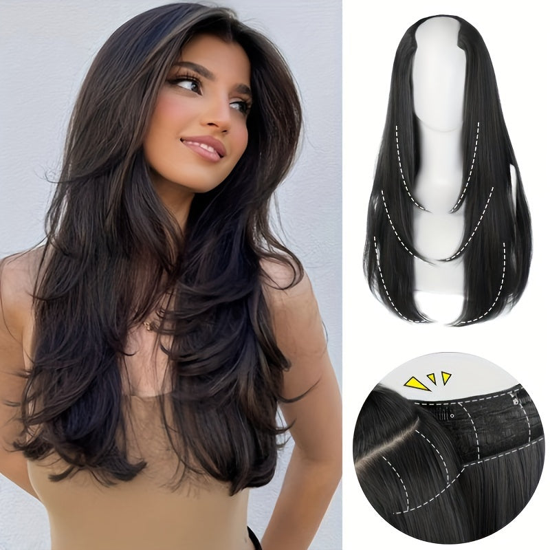 Long Fluffy V-Shaped Synthetic Hair Extension for Women - Layered Wig with Clips Increases Volume & Adds Fullness