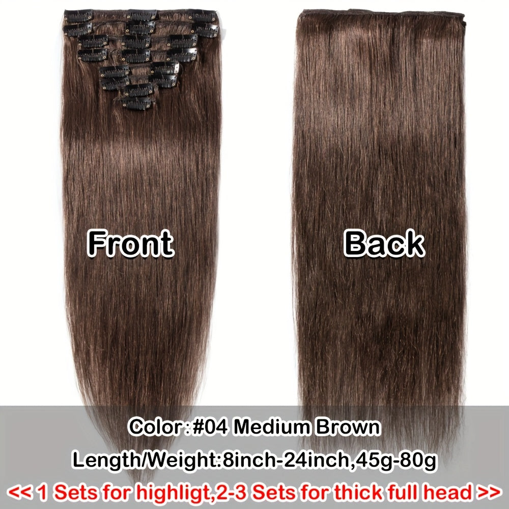 Straight Clip In Hair Extensions 100% Real Human Hair, 8pcs 18 Clips 16-24 Inch Invisible Natural Soft Real Human Hair Extensions Clip Ins, Use For Wedding, Party, Birthday, Cosplay, Can Dye, Wash, Curl To Add Volumn.