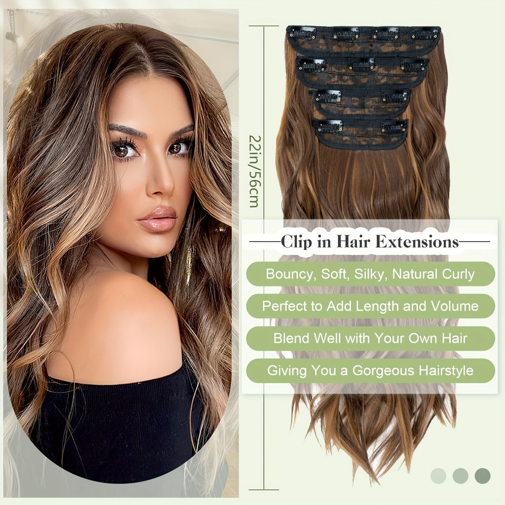 Balayage 55.88 cm Clip In Hair Extensions 4pcs Long Wavy Thick Highlighted Clip In Hairpieces Curly Synthetic Full Head Hair Extension for Women Daily Use Brown Bleach Blonde Black Christmas And Halloween Gift