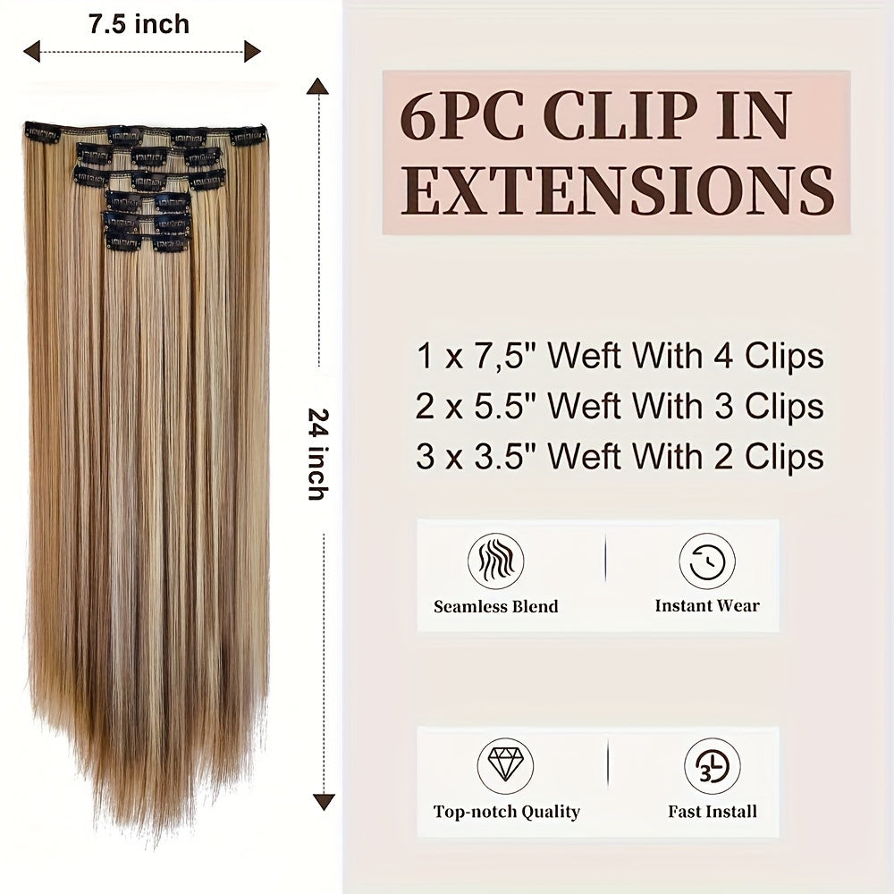 Thick Long Clip In Hair Extensions, Lightweight Synthetic Hairpieces For Women, Chocolate Brown With Golden Blonde Highlights, Hair Clips Hair Accessories