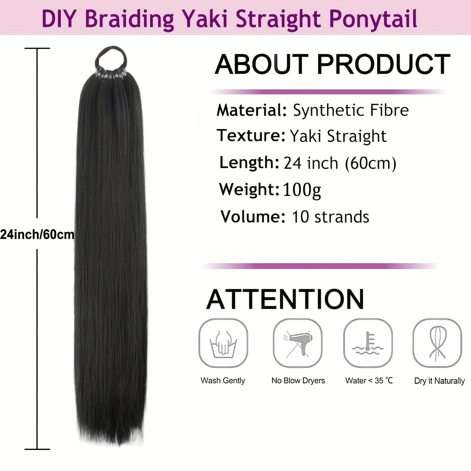 24-Inch Yaki Straight Braiding Hair Ponytail Extension - Wrap Around Long Straight Ponytail with Versatile Elastic Bands for Women, High-Temperature Fiber, Basic Style, Hair Extension for Women