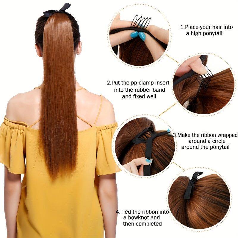 Long Soft Tie Up Ponytail Straight Hair Piece Clip In Hair Extensions 22inch/55cm Wrap Around Binding Pony Tail Hairpiece Drawstring Pony Tails for Women Party Festival Christmas Halloween Daily Use