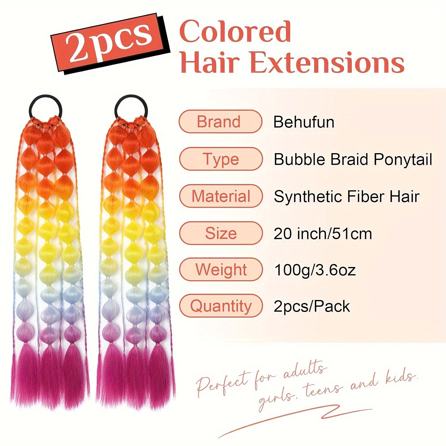 Behufun Women's Yaki Straight Bubble Ponytail Extensions - 2 Pack, 50.8cm Lightweight Hair Extensions with Tie, Ombre Synthetic Ponytails for All Ages, Rave and Festival Hair Accessories