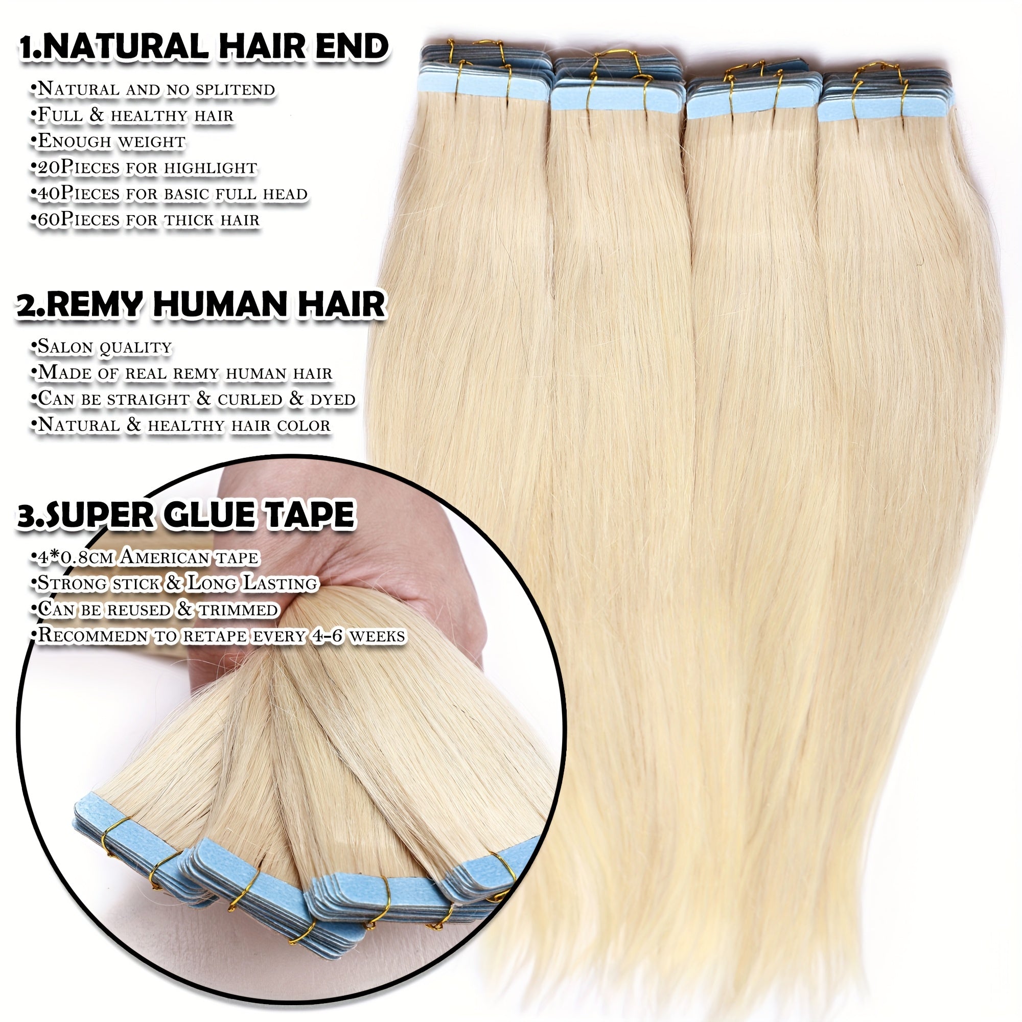 10pcs/1 Pack Straight Real Human Hair Tape In Extensions Straight Smooth Hair Extensions 40.64cm-60.96cm Natural Popular Blonde Color Human Hair Extneisons For Women, Versatile Use For Ewedding, Party, Brithday, Fesitival To Add Volumn And Length.