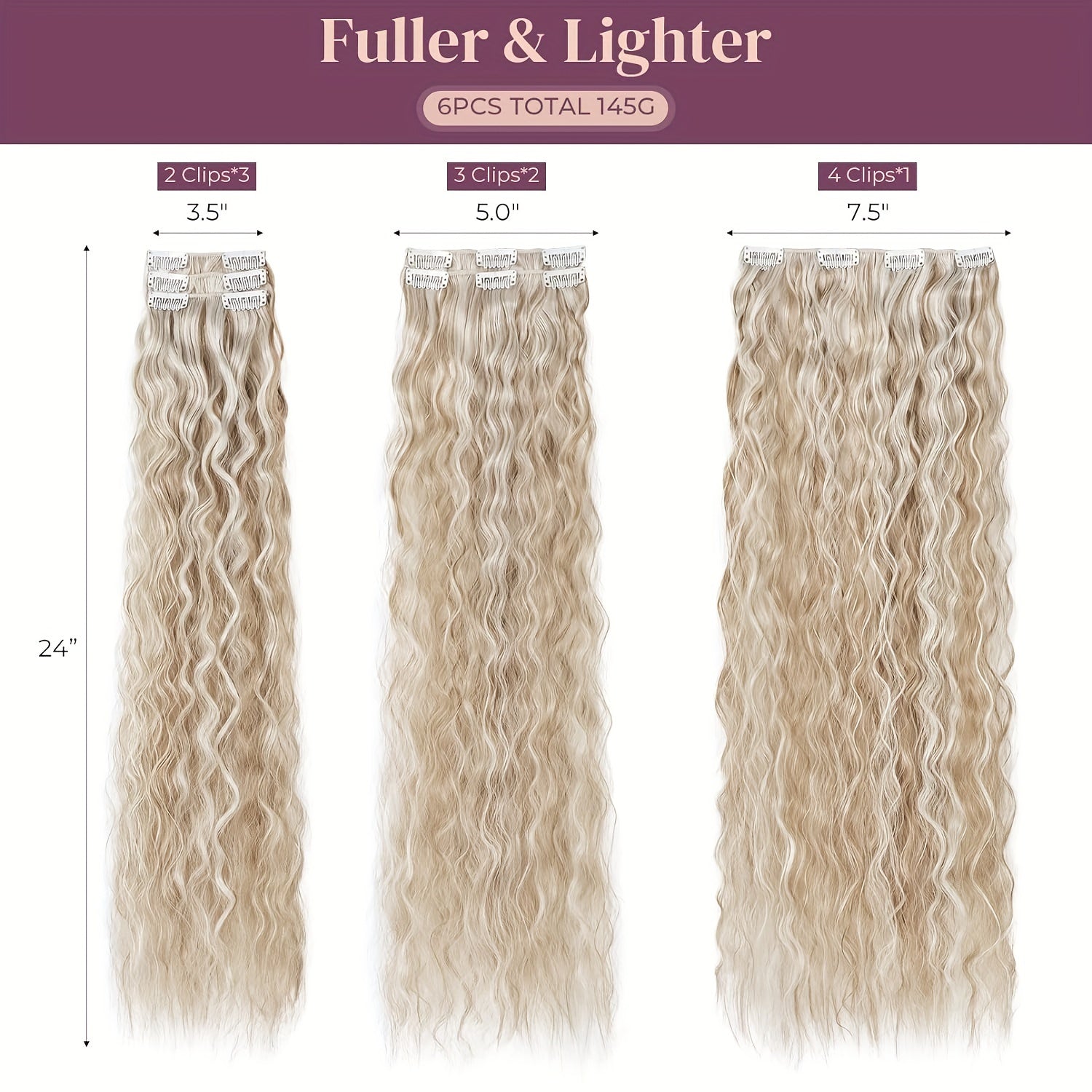6pcs Luxurious 24-Inch Blonde Clip-In Wavy Hair Extensions for Women - Natural Soft Synthetic Fiber, Heat-Friendly, Full Head Coverage with Elegant White Diamond Accents, Ponytail Hair Extensions