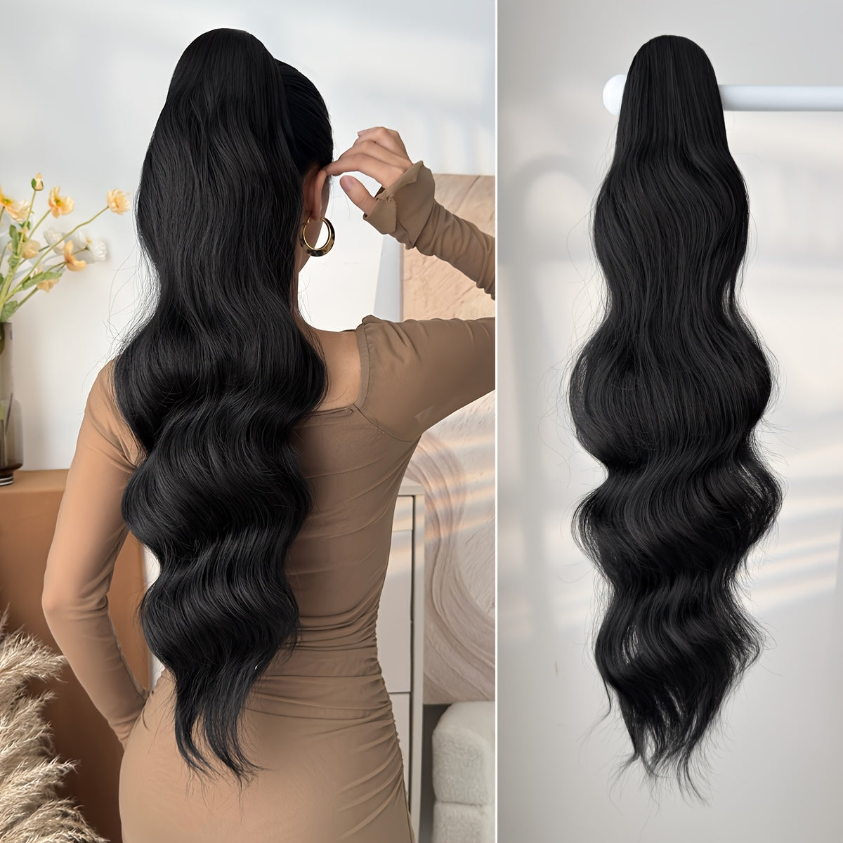 71.12cm Long Wave Synthetic Hair Extensions - Black, Brown, Orange, Red Ponytail Clips with Drawstring, Body Wave Design for Daily Use, Parties, Halloween, Christmas, Hair Accessories, Party Hair Extensions, Festive Hairpiece, Secure Clip Attachment
