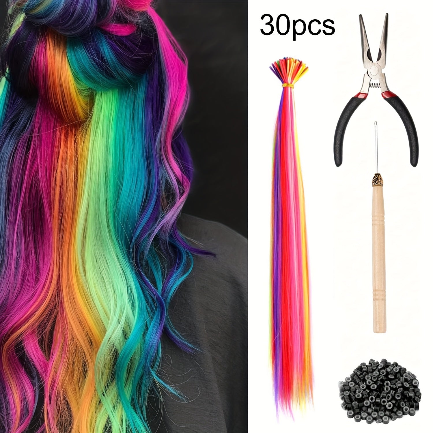 20-100pcs Mixed Color Rainbow Hair Extensions 16 Inch Rainbow Color Synthetic Hair Extensions Long Colored with Beads And Loop Tool for Hair Extension for Women Girls DIY Kit Holiday Party Use