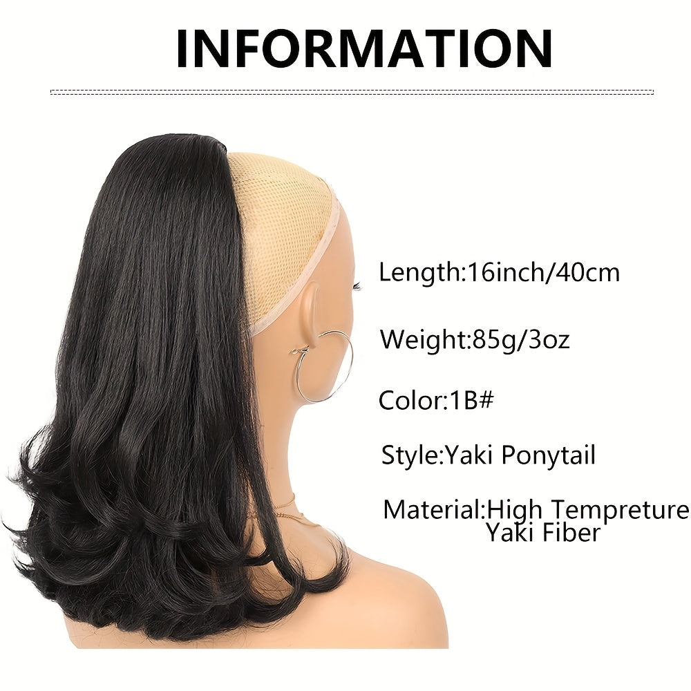 Heat-Resistant Synthetic Yaki Straight Ponytail Extension Tail - 16 Inch Natural Black Drawstring Ponytail Hair for Women, Elegant Bun Hairpiece for Weddings, Parties & Daily Use, Ponytail Hair Extensions