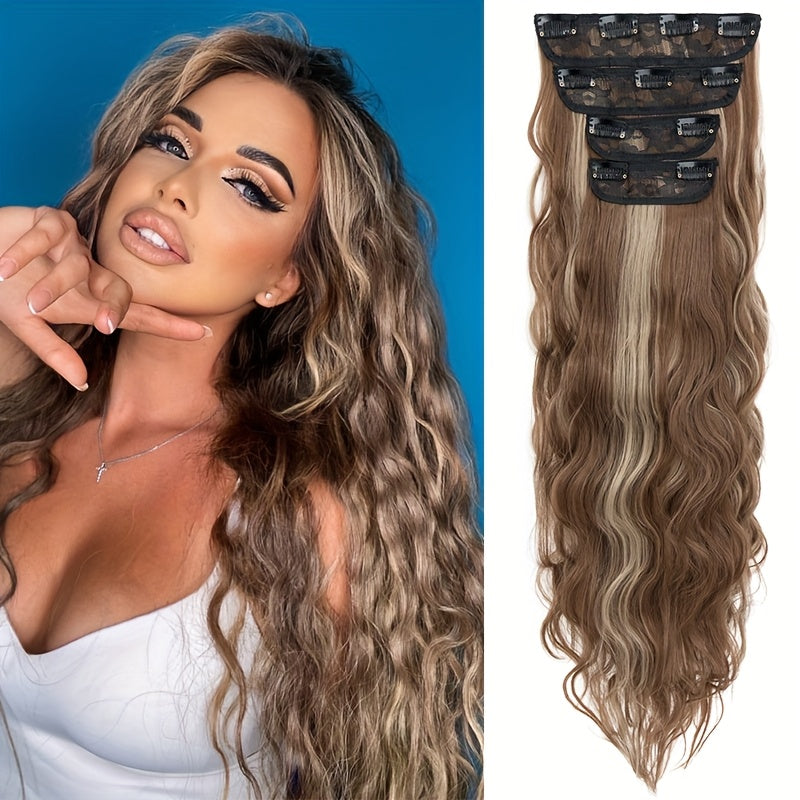 60.96 cm Clip In Hair Extensions 4pcs Long Curly Wavy Thick Highlighted Clip In Hairpieces Synthetic Hair Extension For Women Daily Halloween Use, Dark Ash Blonde Mixed Bleach Blonde, Black Balayage