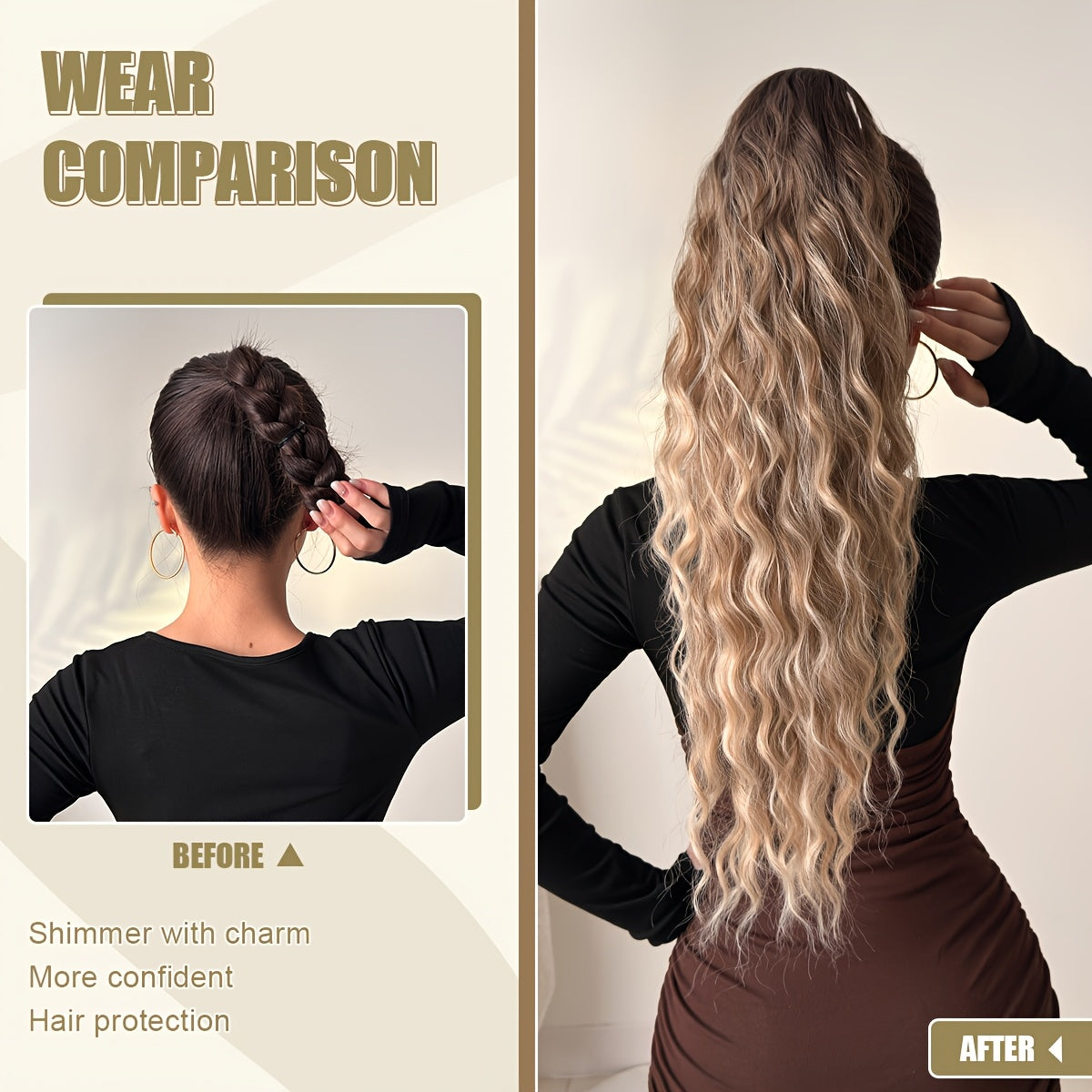 Drawstring Ponytail Extension Hair 28 Inch Ombre Long Water Wave Heat Resistant Fiber Synthetic Ponytail Hairpiece for Women Daily Used