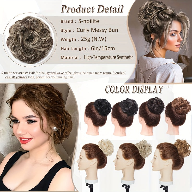 Heat-Resistant Synthetic Fiber Messy Bun Short Curly Ponytail Extension with Elastic Band - Secure Clip-In Hairpiece for Women with Thinning Hair, Natural Volume & Warm Brown/Blonde/Black/Red/Beige/Champagne Blonde Options, Hair Accessories