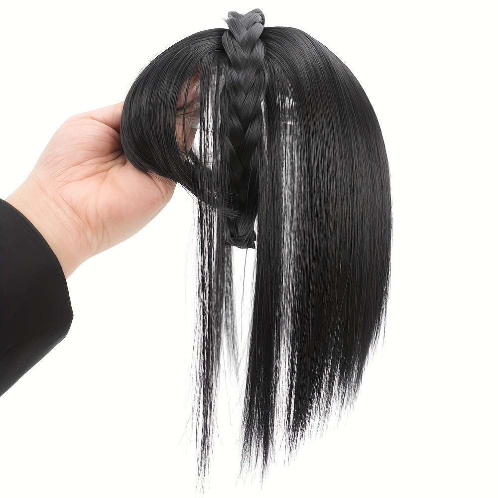 Chic Braided Headband with Clip-In Hair Topper & Bangs - Natural Look Synthetic Straight Hair Extensions for Women, Perfect for Casual Attire, Hair Accessories