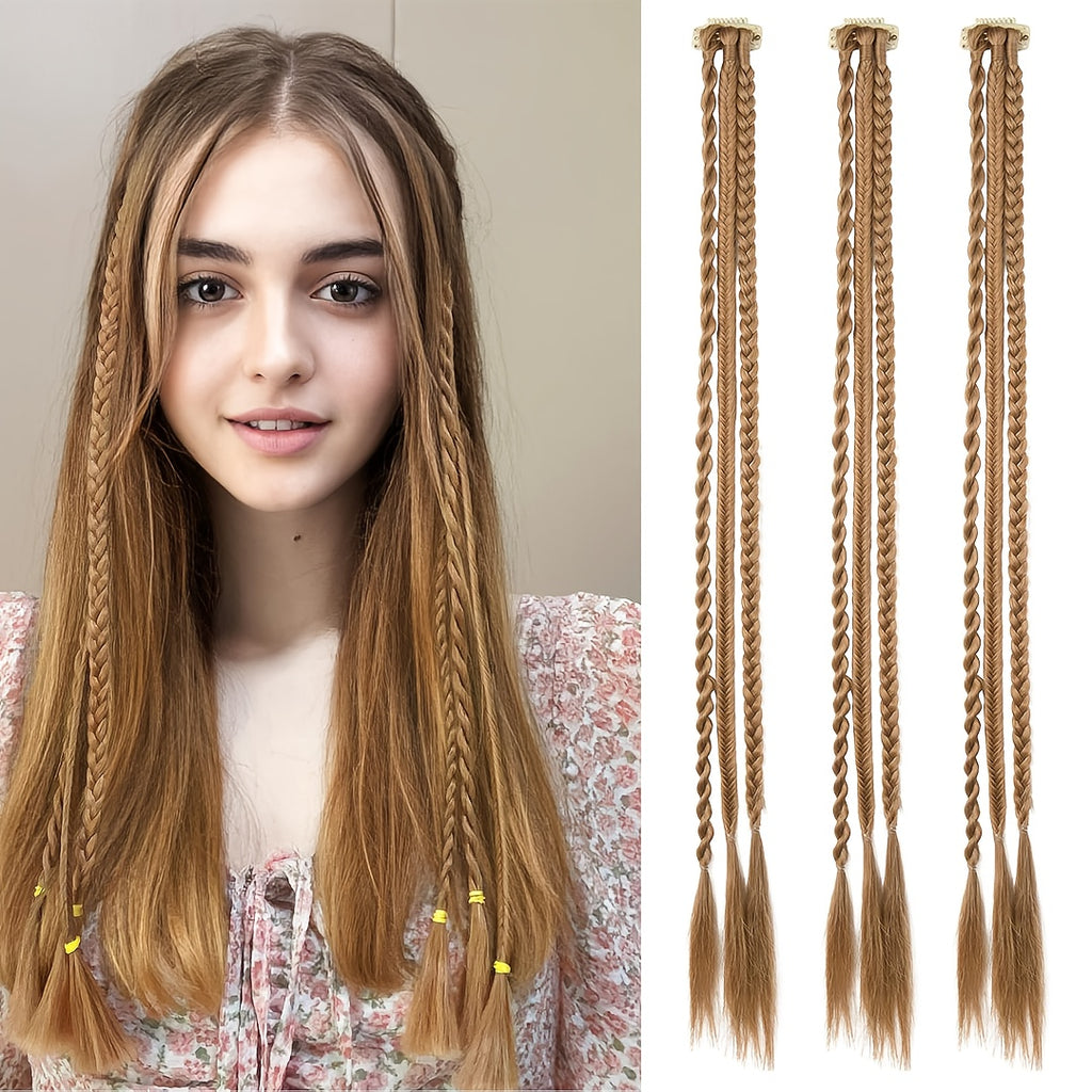 Braid Hair Extensions, 3pcs Clip in Hair Extensions Baby Braids, 3 Braids on One Clip 6 Braids Total, 22" Long Natural Soft Synthetic Hairpieces for Women