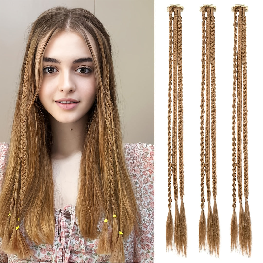 Braid Hair Extensions, 3pcs Clip in Hair Extensions Baby Braids, 3 Braids on One Clip 6 Braids Total, 22" Long Natural Soft Synthetic Hairpieces for Women