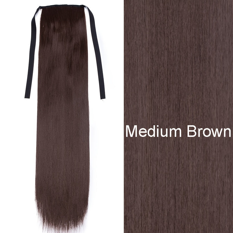 Long Soft Tie Up Ponytail Straight Hair Piece Clip In Hair Extensions 22inch/55cm Wrap Around Binding Pony Tail Hairpiece Drawstring Pony Tails for Women Party Festival Christmas Halloween Daily Use
