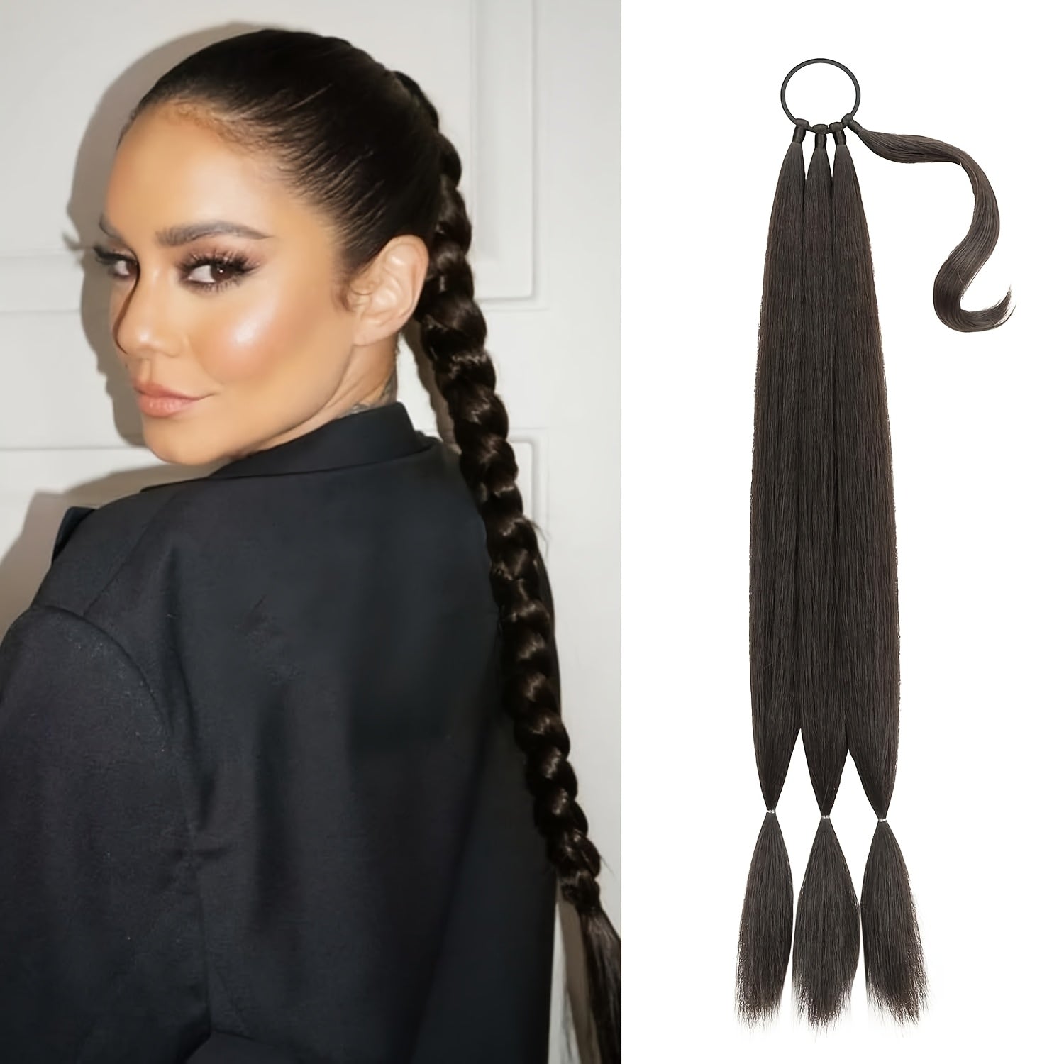 Extend the ends of the braided ponytail hairstyle. Suitable for all four seasons. Long straight hair wrapped ponytail wig. Natural and soft artificial hair strands. Suitable for ladies' daily wear.