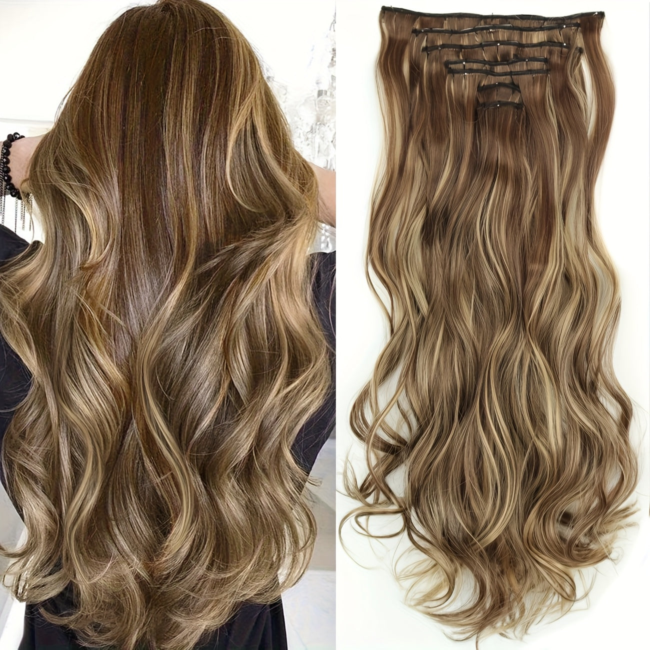 Wig Clip In Hair Extensions for Women 16 Clip Curly Hair Extensions 7 Sets Of Extensions 24inch Big Wave Wig for Everyday Parties Noble And Elegant Easy to Wear Wig Pieces Halloween