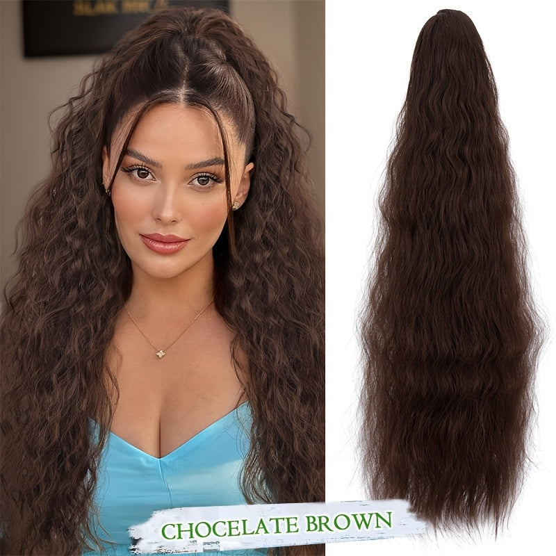 Extra Long Ponytail Extension 81.28 cm Deep Wavy Curly Drawstring Pony Tail Extensions Softer Fluffy Synthetic Clip In Hair Extensions Brown Blonde Highlight Hairpiece For Women Daily Halloween Use Part
